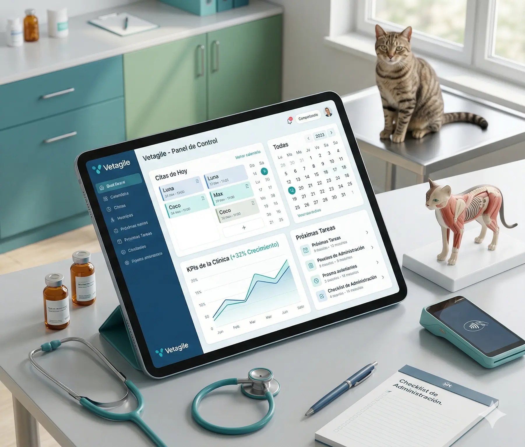 Ilustración de una clínica veterinaria moderna con tecnología Vetagile